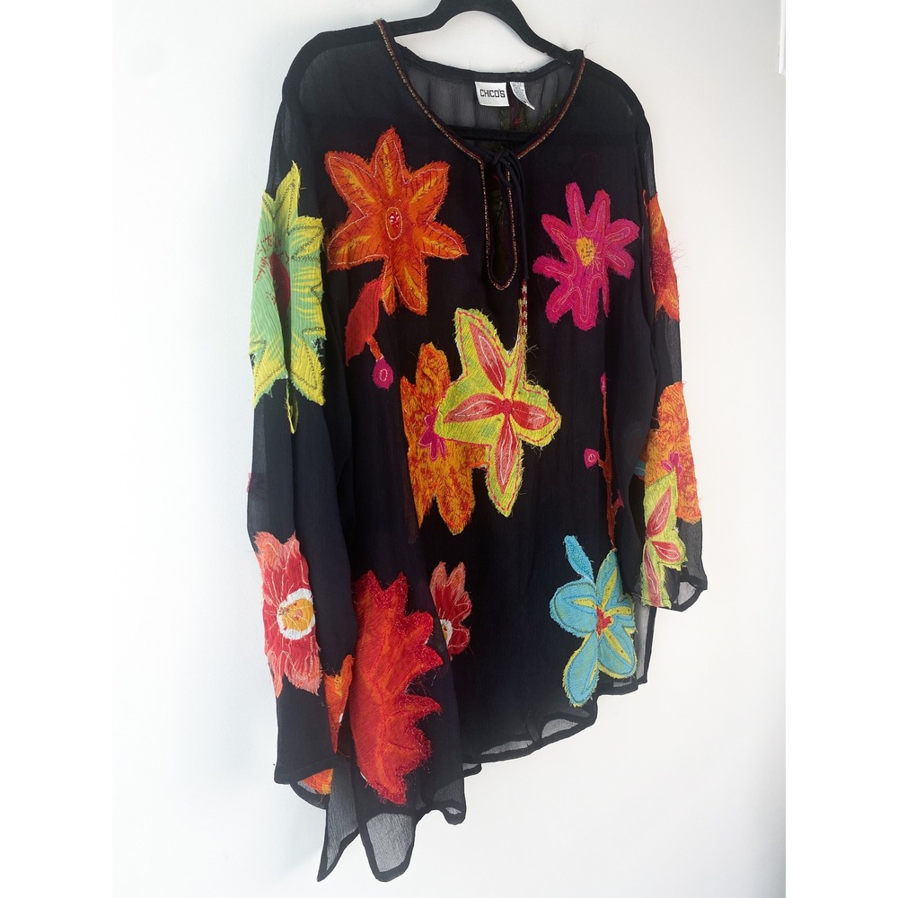 Chicos Womens 100% Silk Sheer Tunic Top XL Black Floral Colorful Artsy Lagenlook - Picture 2 of 7
